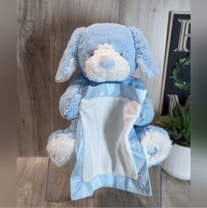 "Peek-A-Boo Puppy" Baby Blue Satin Trim Blankie Lovey Stuffed Animal BABY GUND